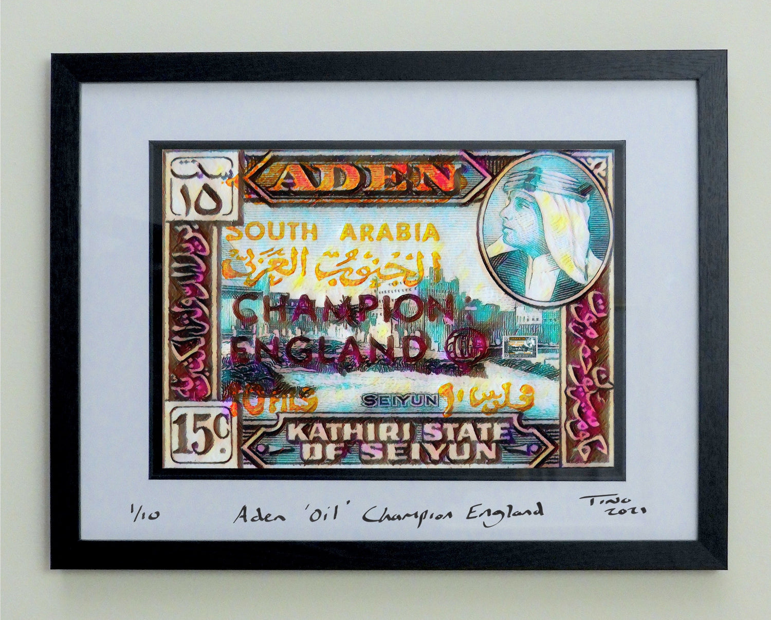 2021 Aden Artwork with Rare 1966 Mint Stamp & overprint 'Champion England'