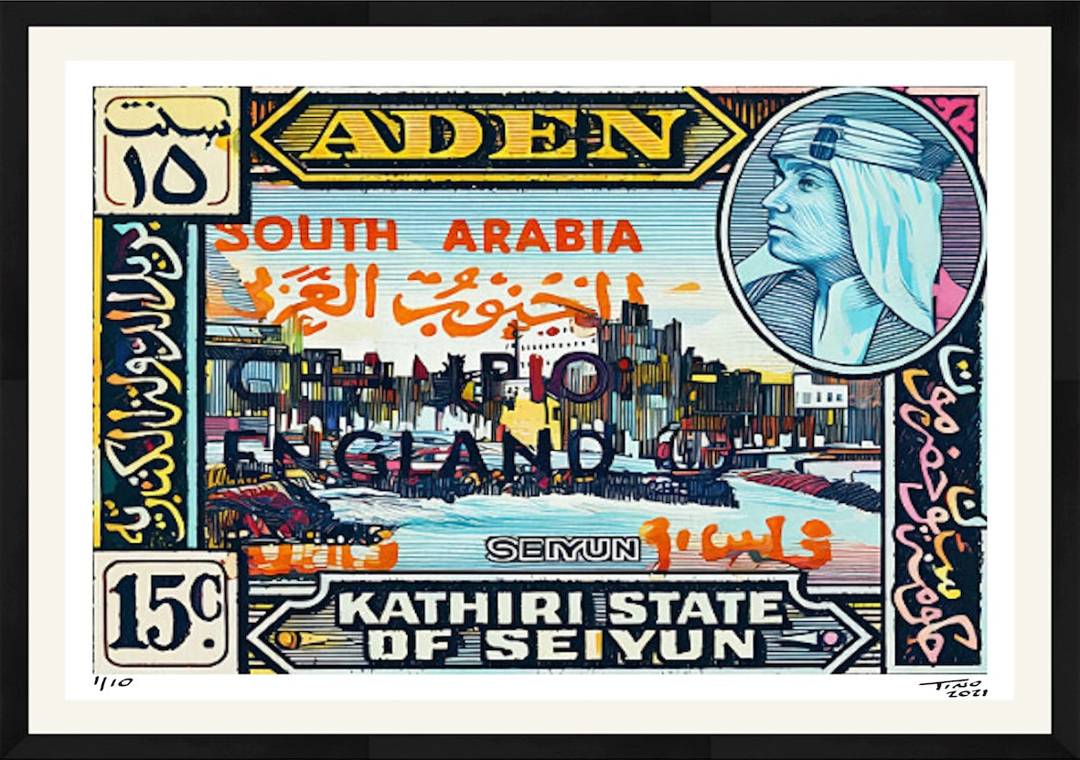 The Aden Football Champion England Artwork with 1966 Mint Stamp - Aden 'Pop' Champion England