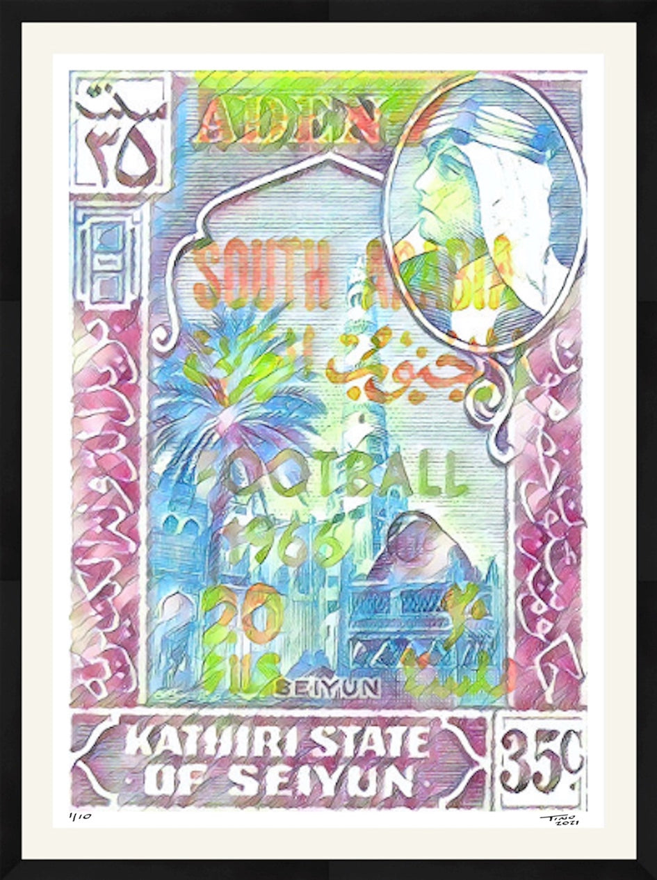 The Aden Football World Cup Artwork with 1966 Mint Stamp - Aden Water Blue