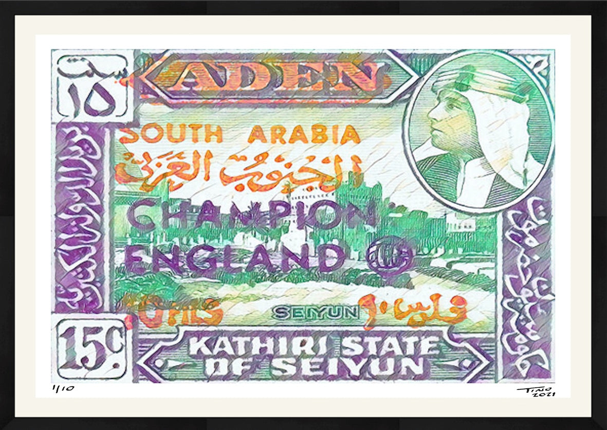 The Aden Football Champion England Artwork with 1966 Mint Stamp - Aden 'Water' Champion England